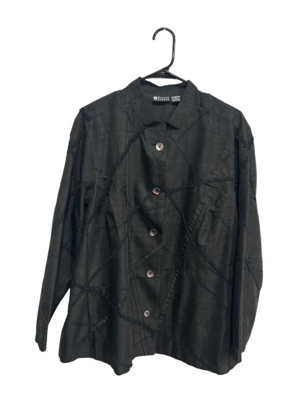 Maggie Barnes 1X Black Textured Silk Blend Button Down Blouse Vintage Minimalist